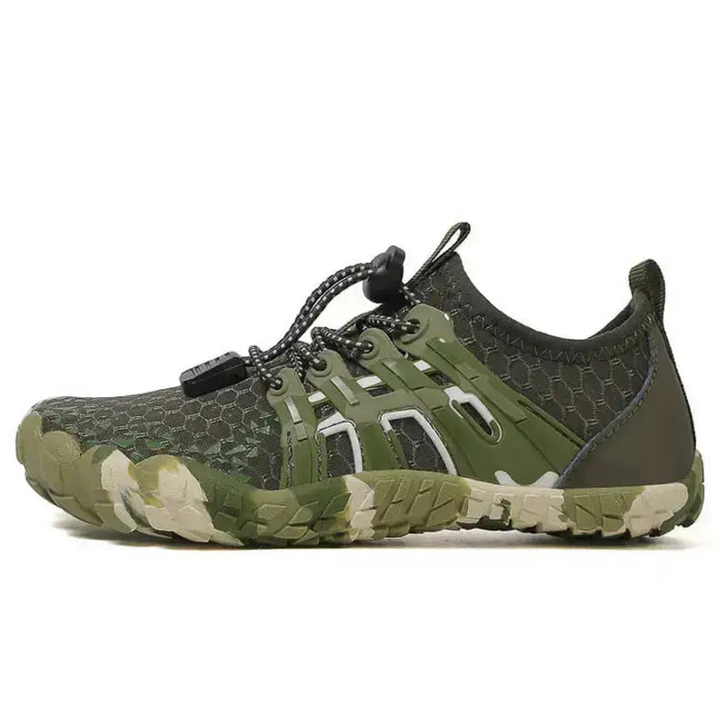 Green Prismers barefoot hiking shoes angled view showing flexible construction