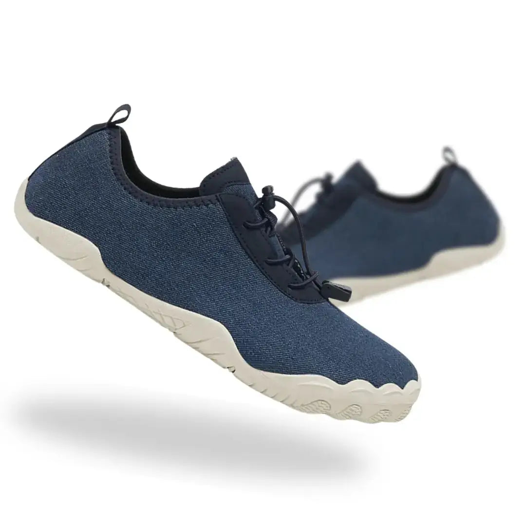 Blue Jean Glamers barefoot shoes side view with casual denim style