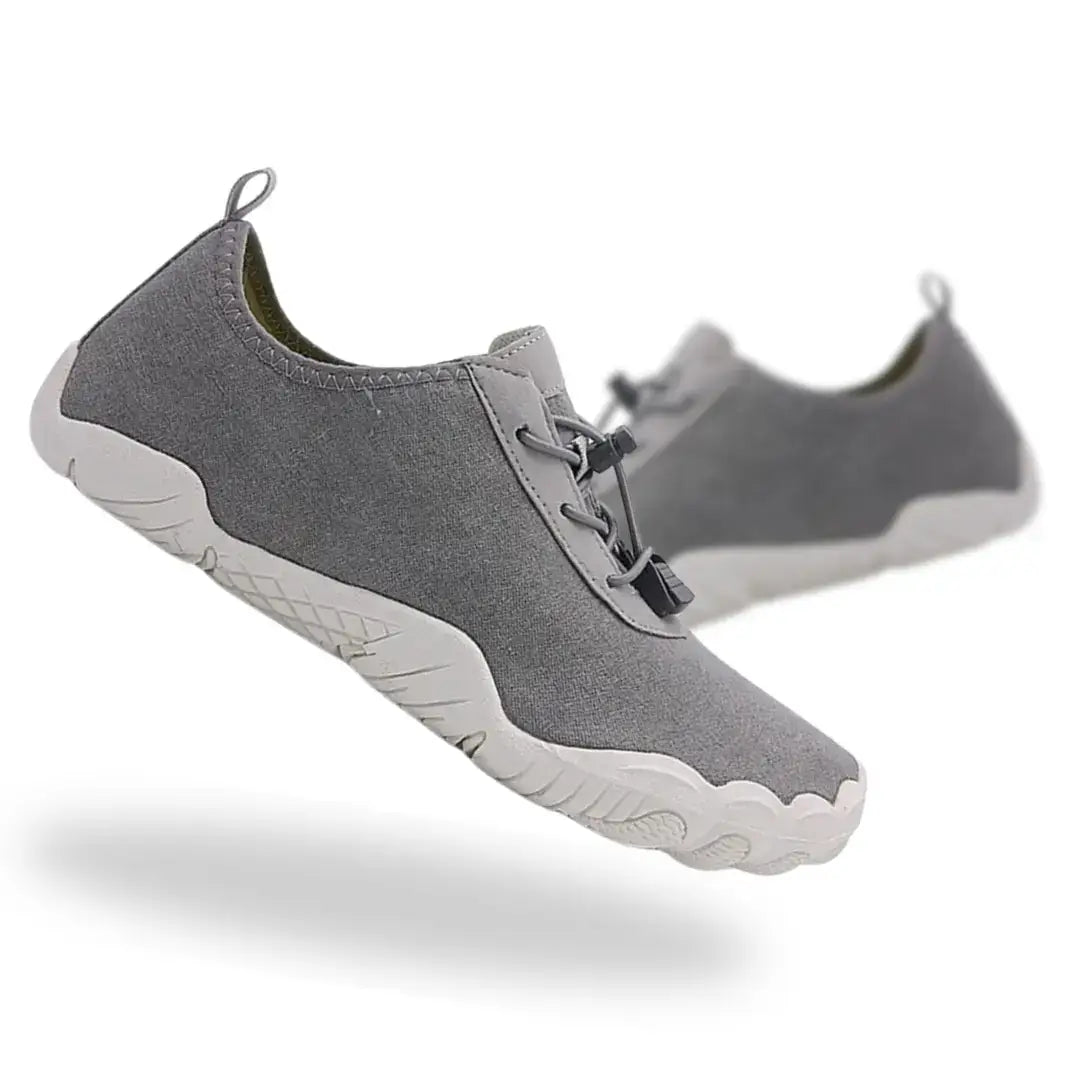 Gray Jean Glamers barefoot shoes side view with denim-inspired design