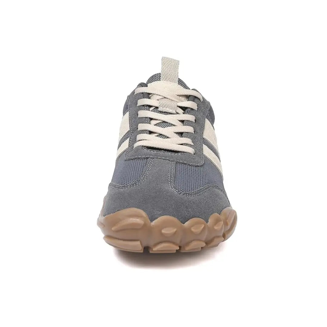 Grey Groovers barefoot sneakers front view with minimalist barefoot shoe shape