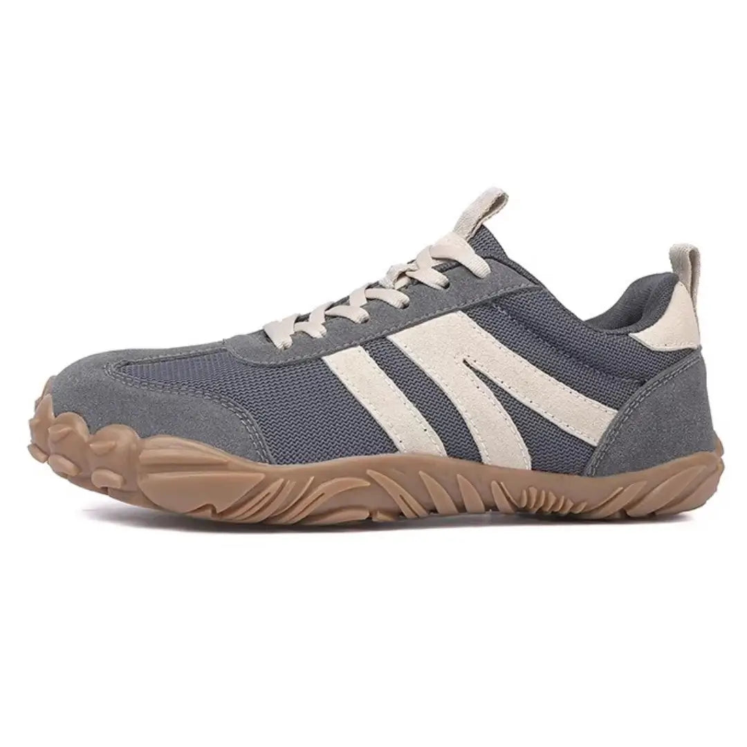 Grey Groovers barefoot sneakers side profile showing wide toe box design
