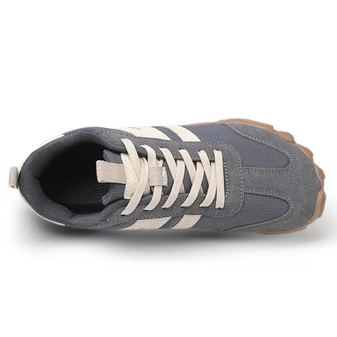 Grey Groovers barefoot sneakers top view highlighting roomy toe box