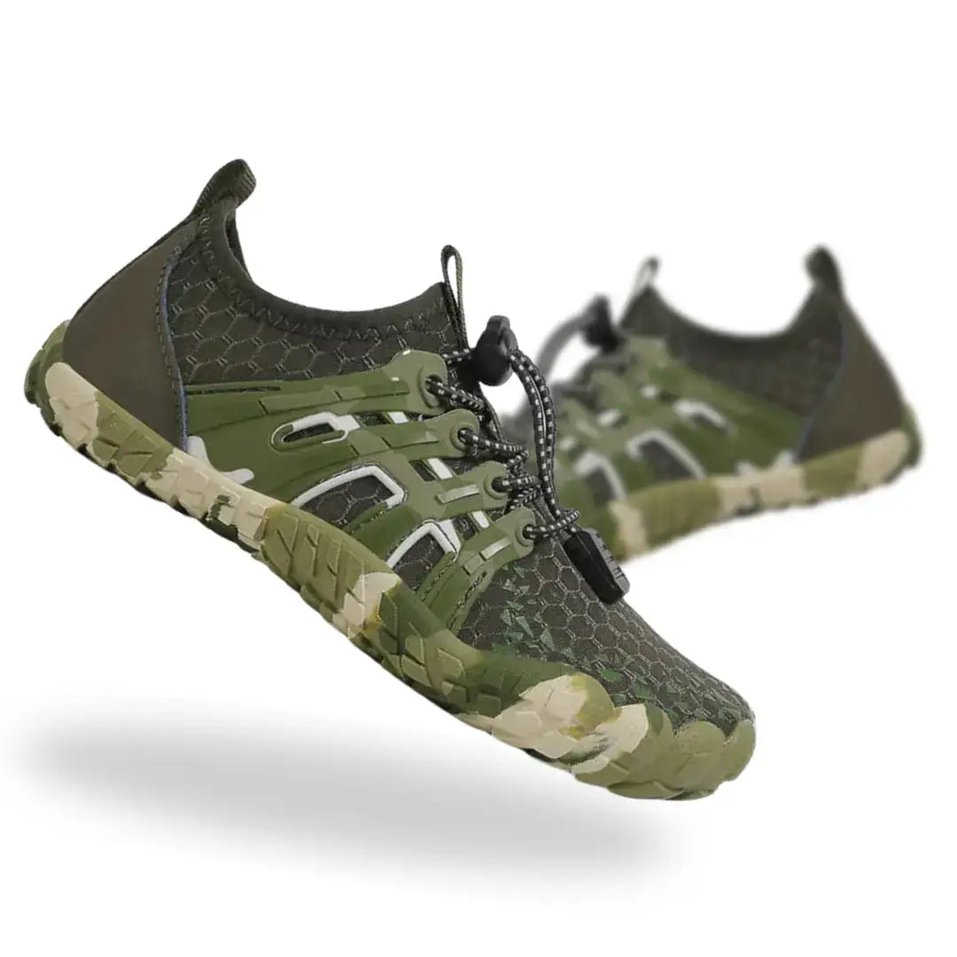 Green Prismers barefoot hiking shoes side view with rugged minimalist design