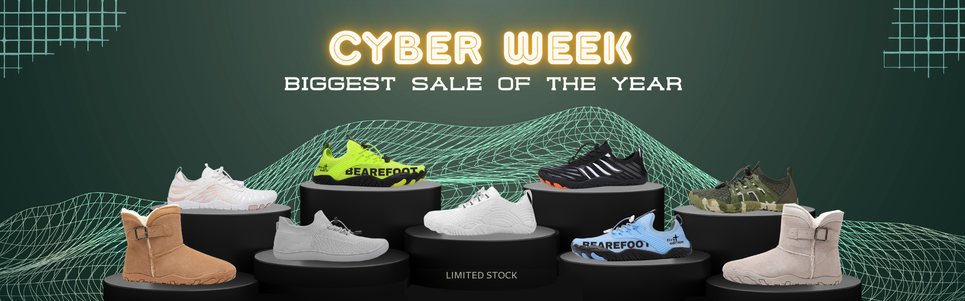 Promotional banner for Cyber Week sale with shoes displayed on black stands against a green geometric background.
