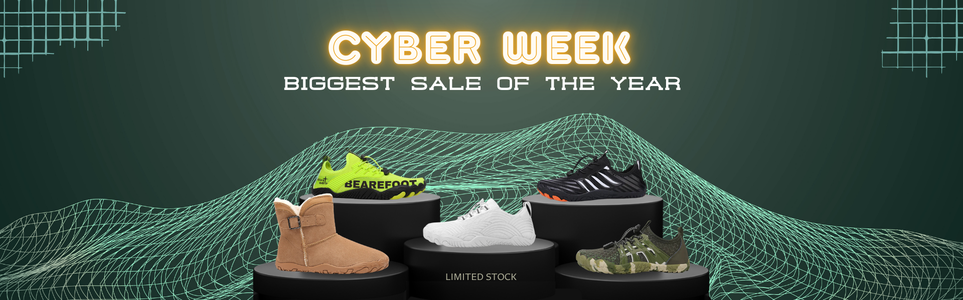 Promotional banner for Cyber Week sale with shoes on black stands against a green geometric pattern.